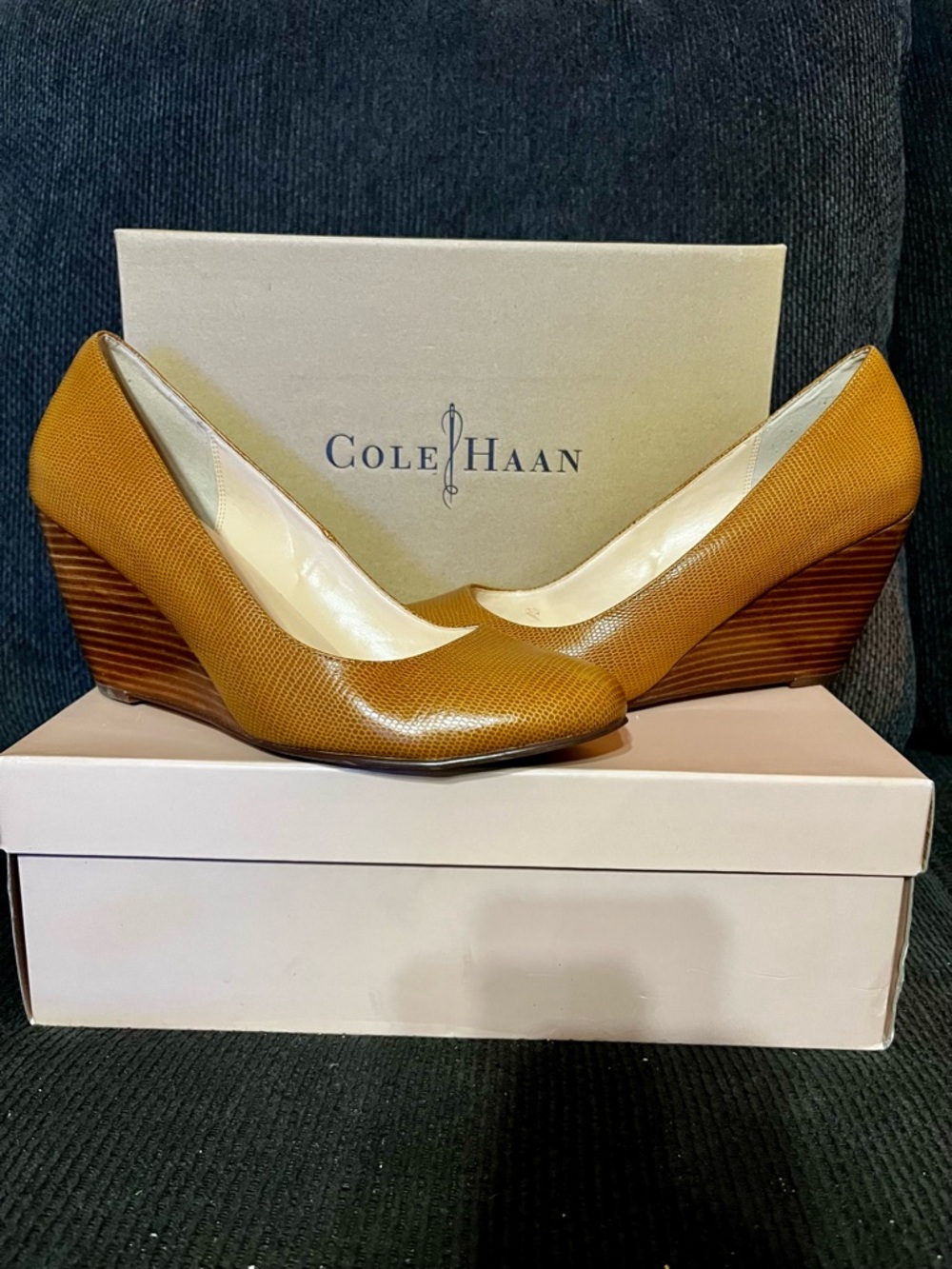 Cole Haan Mustard Leather Stacked Wedge Pumps